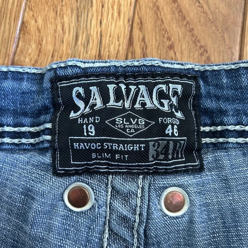 Salvage by Buckle Havoc Slim Straight Mens Jeans Size 34R Blue Distressed FLAWS‎